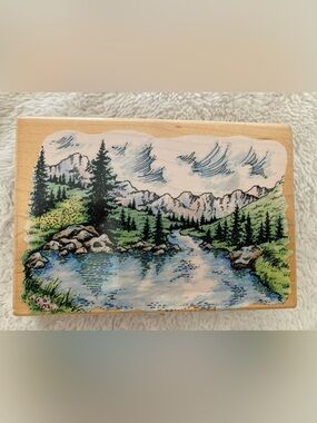Mountain and river scene rubber stamp